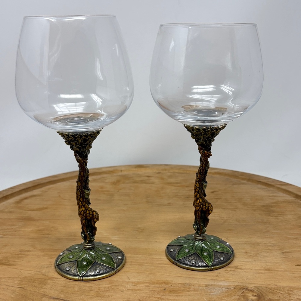 WINE Glass Set of 2  Enamel And Rhinestone Giraffe Stems